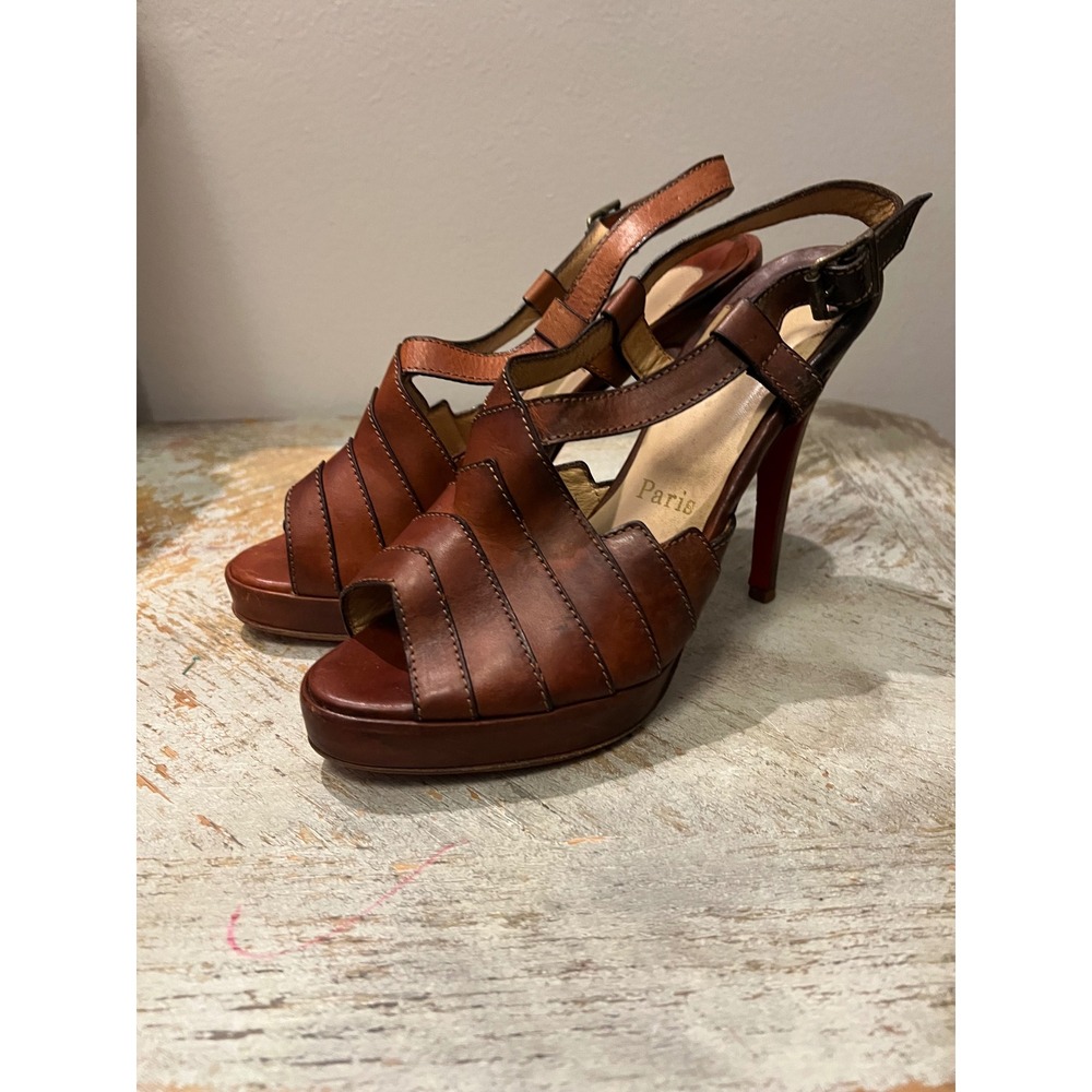 Christian Louboutin Brown Leather Caged Platform Sandals Red Bottom Heels Peep